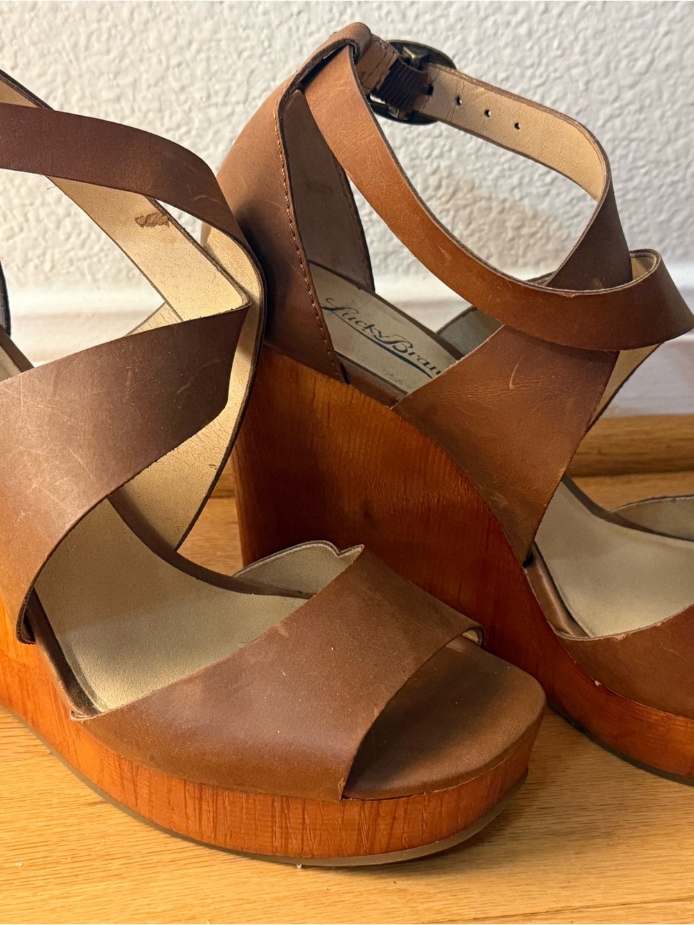 Lucky Brand Tan Brown Leather Platform Wedge Sandals